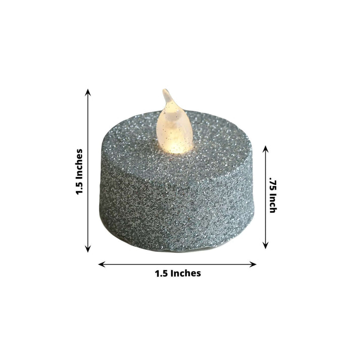 Glitter LED tealight candle in silver, 1.5 inches wide and 0.75 inches tall