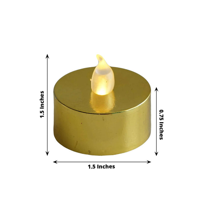 Gold LED tealight candle with a flickering flame, 1.5 inches in diameter.