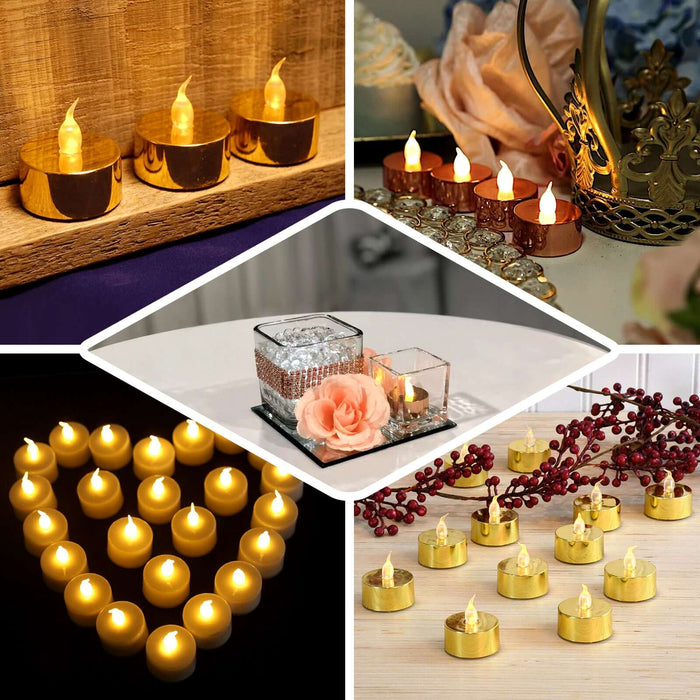 Assorted LED tealight candles in various settings and arrangements.
