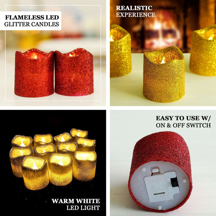 Flameless LED glitter candles in red and gold with warm white light.