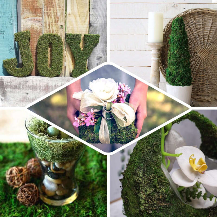 Moss decor with joy letters, candle holder, and floral arrangements in various settings.