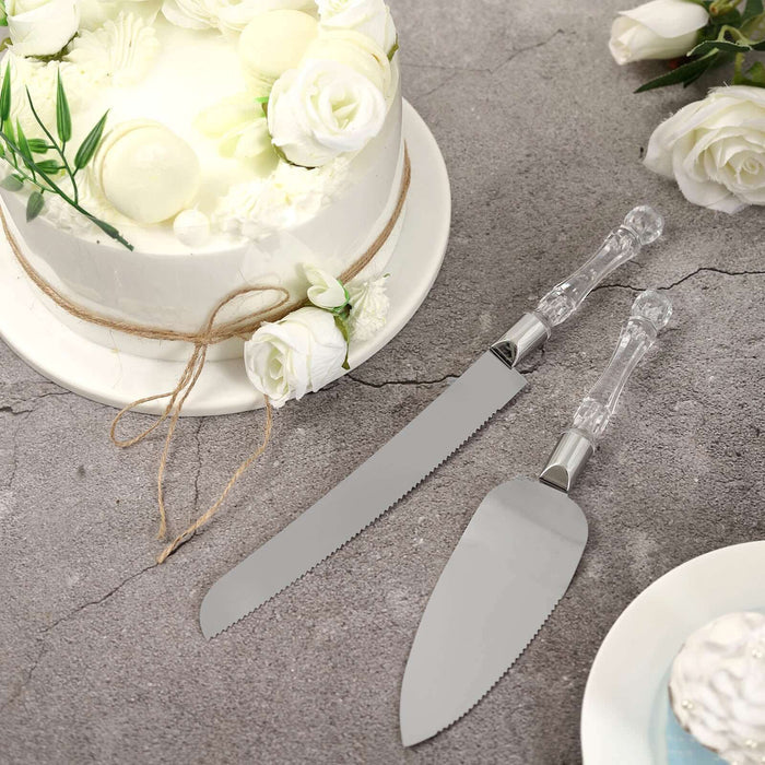 Cake server set with clear handles, perfect for celebrations.