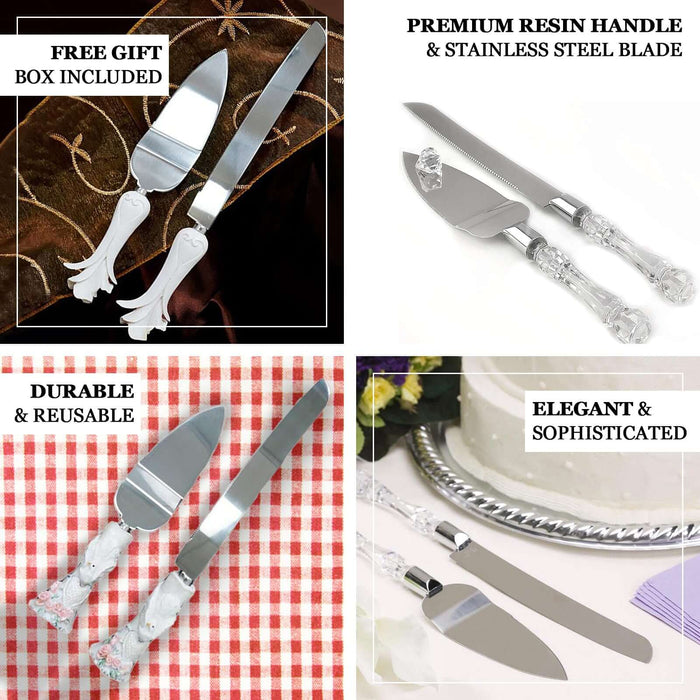 Elegant cake serving set with premium resin handles and stainless steel blades.