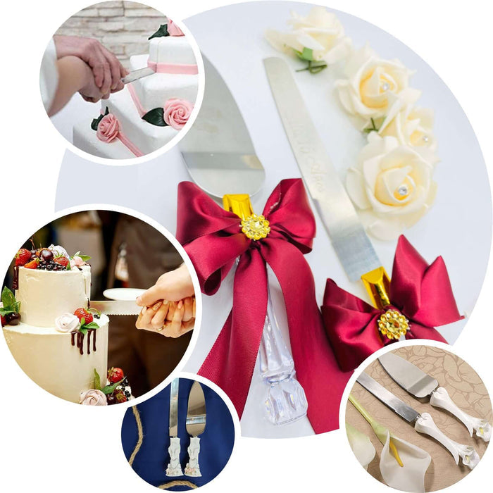 Elegant cake serving set with decorative ribbons and flowers for weddings.