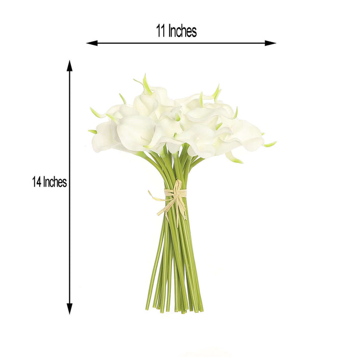 White calla lily bouquet, 11 inches wide and 14 inches tall.