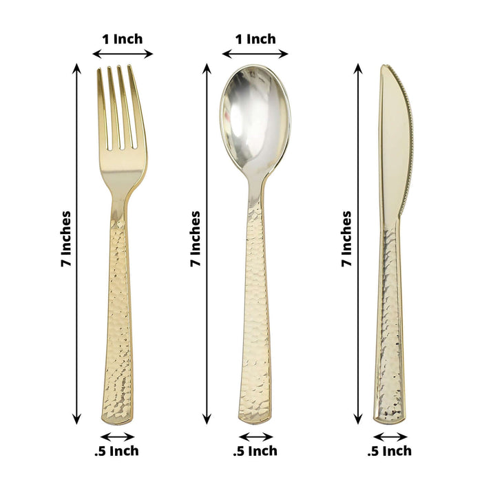Gold cutlery set including fork, spoon, and knife, each 7 inches long.