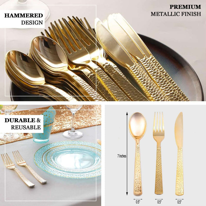 Gold hammered design cutlery set on elegant table setting. Durable and reusable.