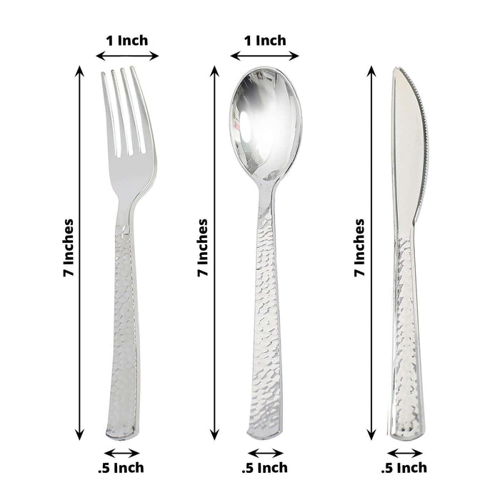 Hammered stainless steel cutlery set, fork, spoon, and knife, each 7 inches long.