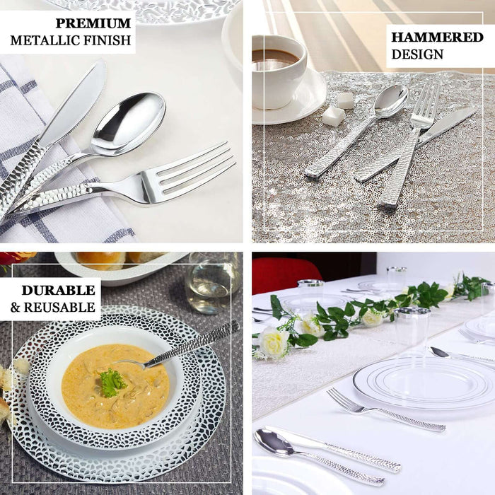 Premium metallic finish cutlery set with hammered design, durable and reusable.