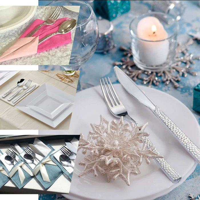 Elegant table settings with silverware and decorative elements for festive occasions.