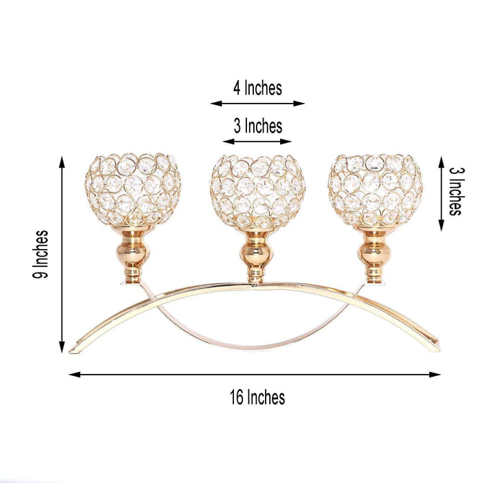 Gold candle holder with three crystal cups, dimensions labeled.