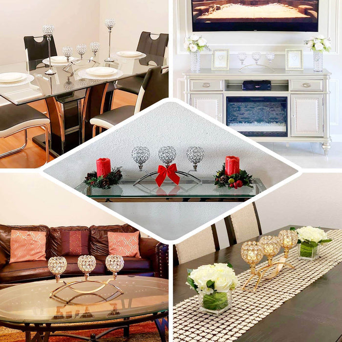 Elegant dining and living room decor with crystal candle holders and floral arrangements.
