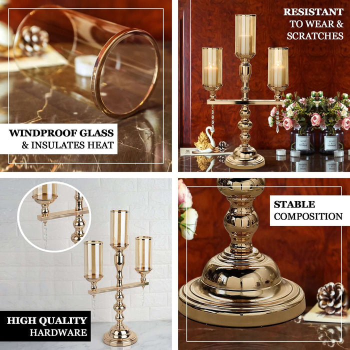 Elegant gold candelabra with windproof glass and high-quality hardware.
