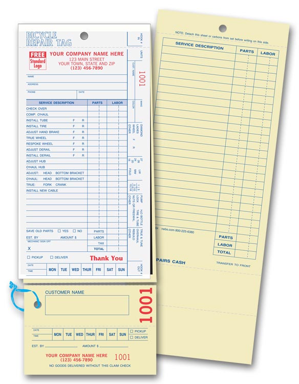 364 Bicycle Repair Tags with Detachable Claim Check Carbons 4 1/4x11"