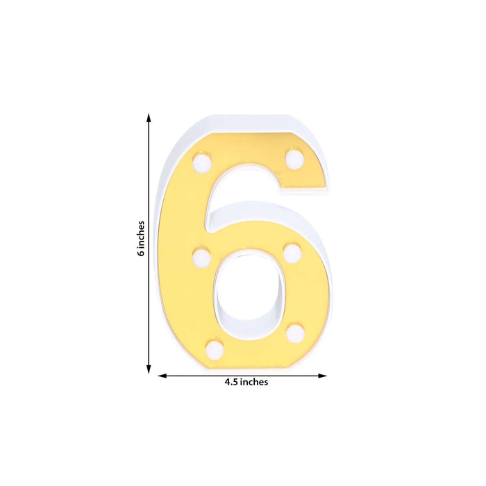 Gold number 6 sign, 6 inches tall and 4.5 inches wide.