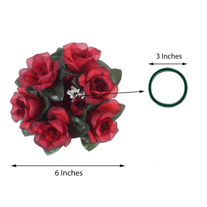 Red silk roses bouquet with green floral ring, 6 inches wide.