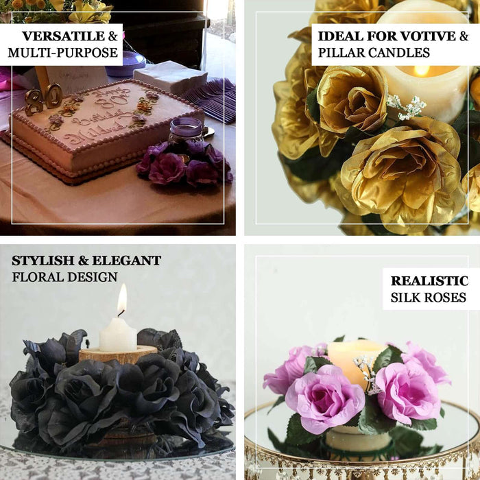 Elegant floral candle holders with realistic silk roses and decorative accents.