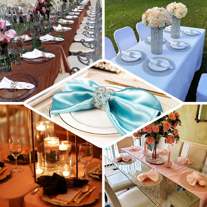 Elegant table settings for various events with floral arrangements and decorative accents.