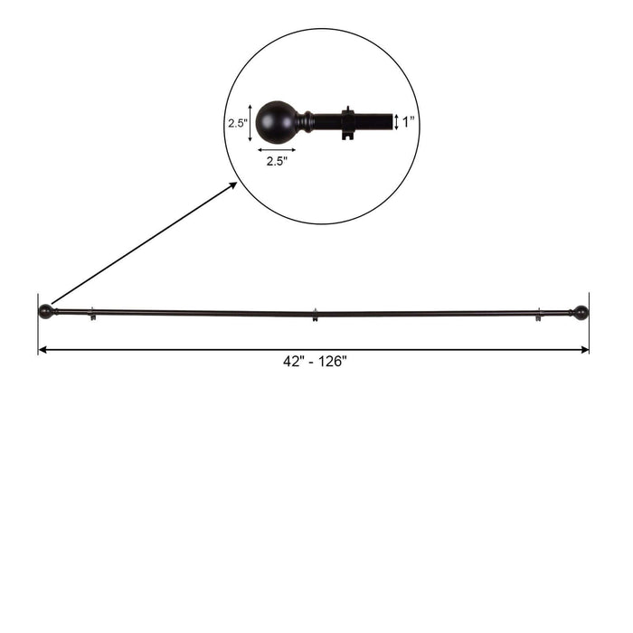 Adjustable curtain rod with decorative finials, 42"-126" length.