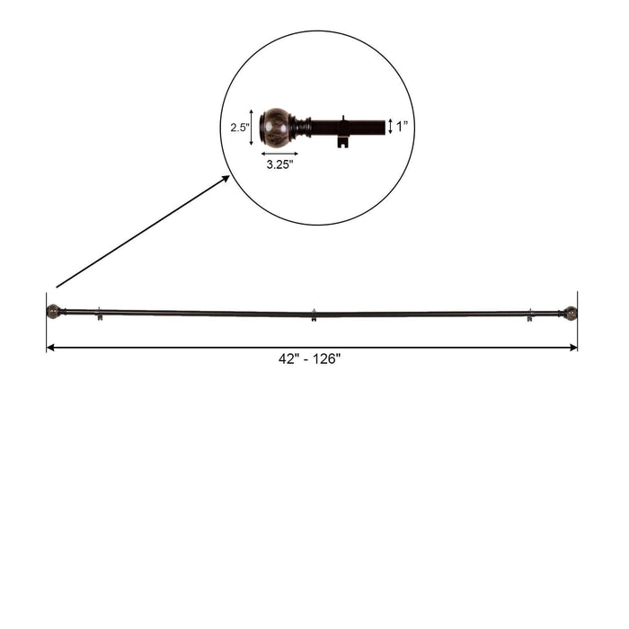 Adjustable curtain rod with decorative finials, 42"-126" length.