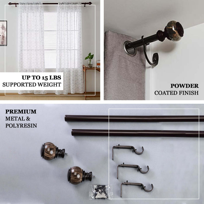 Curtain rod set with decorative finials and hooks, designed for up to 15 lbs weight support.