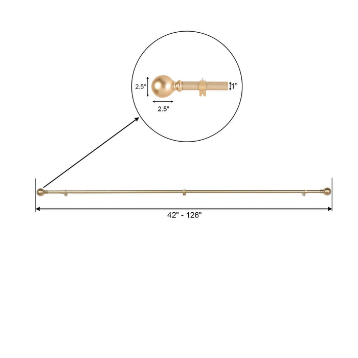 Adjustable curtain rod with decorative finials, 42"-126" length.