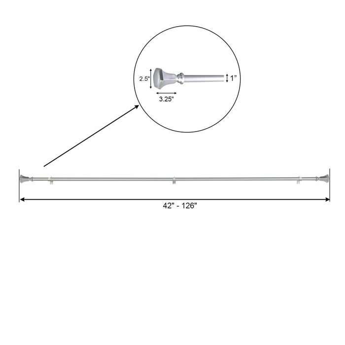 Adjustable curtain rod with decorative finials, 42” to 126” length.