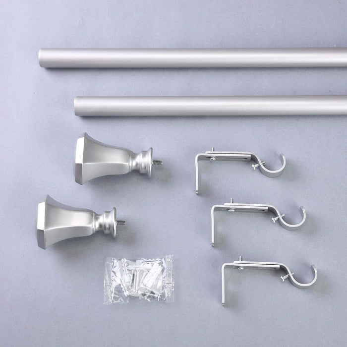 Silver curtain rod set with finials, brackets, and mounting hardware.