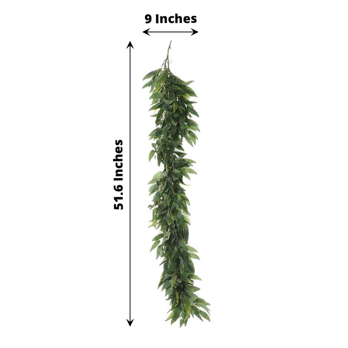 Artificial hanging leafy vine, 9 inches wide and 51.6 inches long.