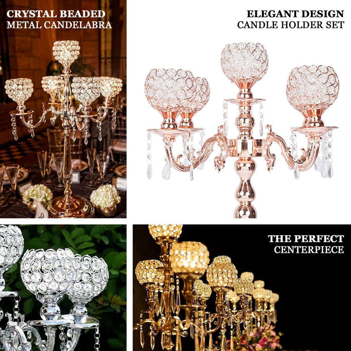 Elegant crystal beaded metal candelabra candle holder set