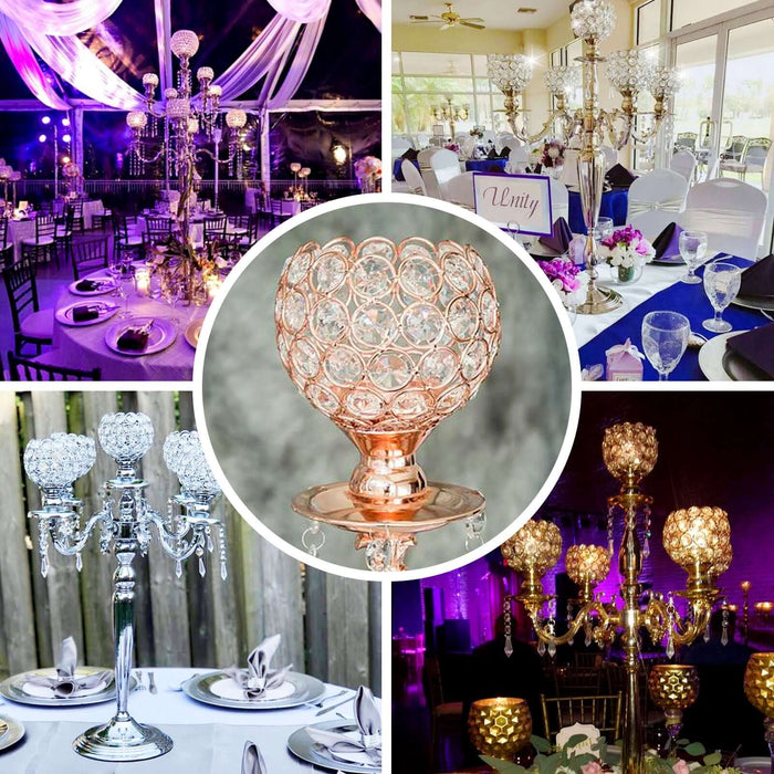 Elegant crystal candelabras in various settings for event decor inspiration.