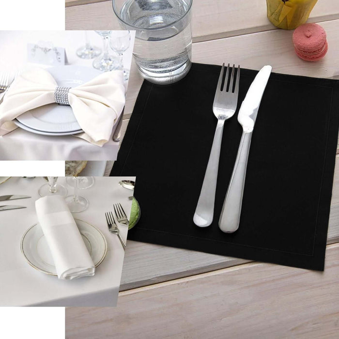 Elegant black placemat with silver cutlery and stylish napkin for dining.