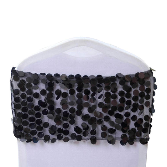 Black sequin chair cover sash on a white chair