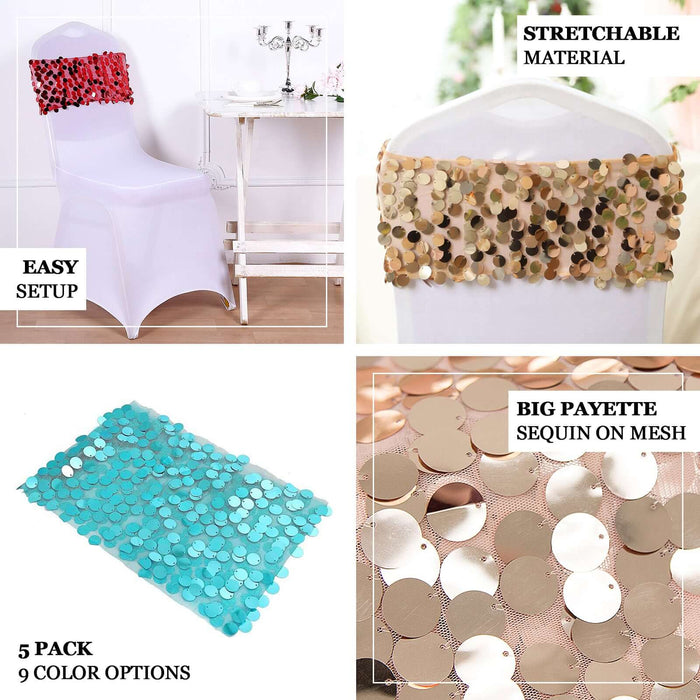 Sequin chair covers in various colors with stretchable material, easy setup, 5 pack option.
