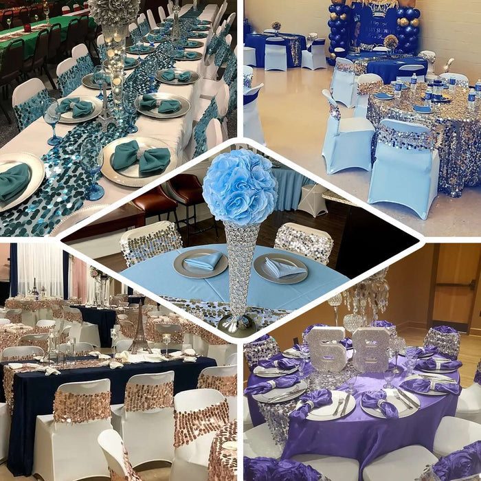 Elegant event table setups with decorative tablecloths and centerpieces.