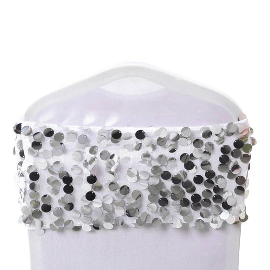 Silver sequin chair cover with a shimmering design for elegant events.