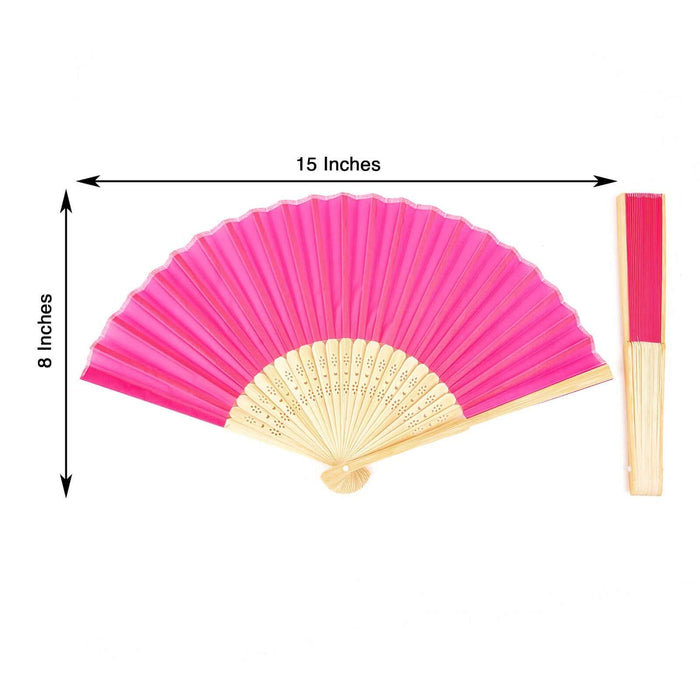 Pink decorative hand fan with bamboo frame, 15 inches wide and 8 inches tall.