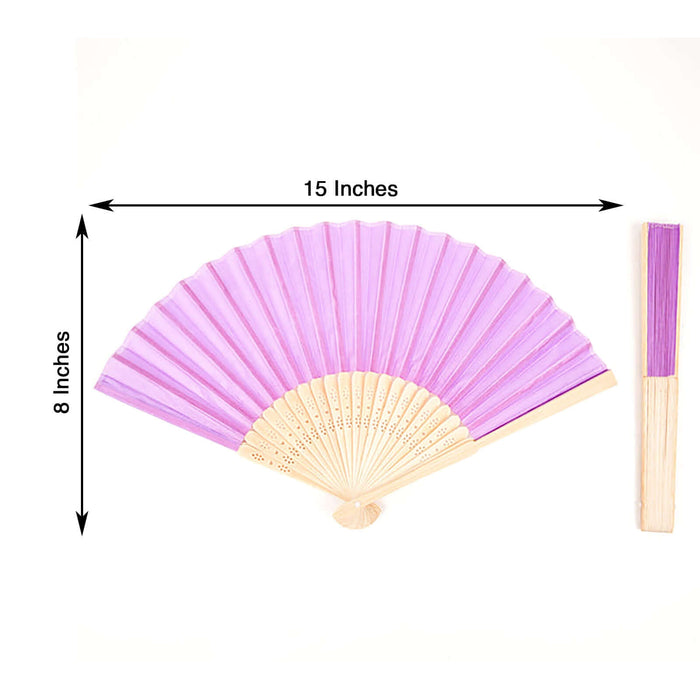 Purple folding fan with wooden handle, 15 inches wide, 8 inches tall.