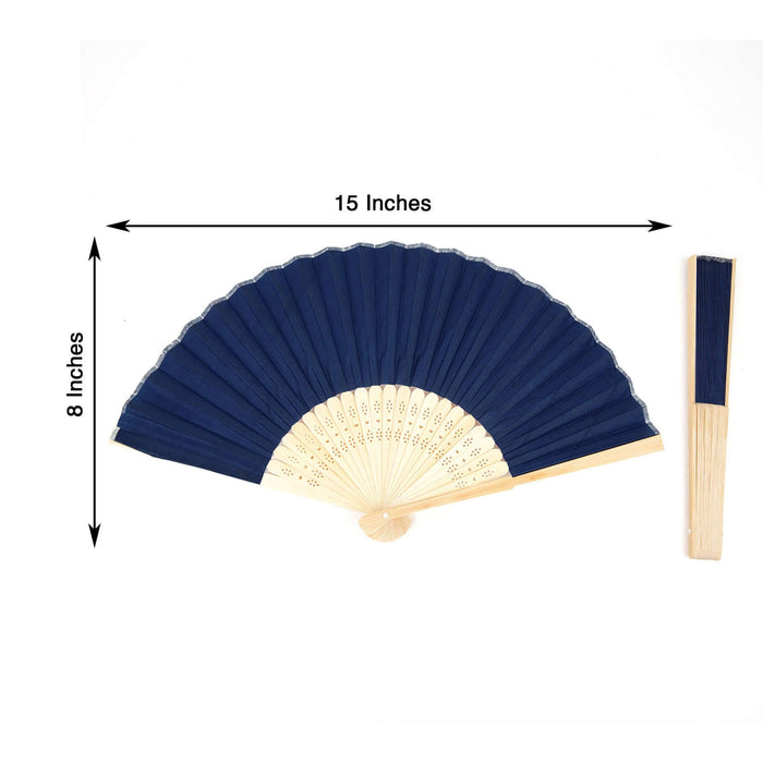 Navy folding fan with bamboo handle, 15 inches wide and 8 inches tall.