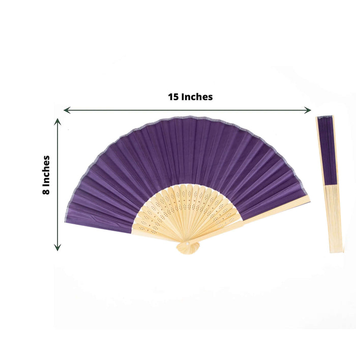 Purple folding fan with bamboo handle, 15 inches wide and 8 inches tall.