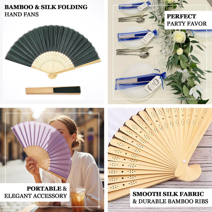 Bamboo and silk folding hand fans in various colors for elegant occasions.