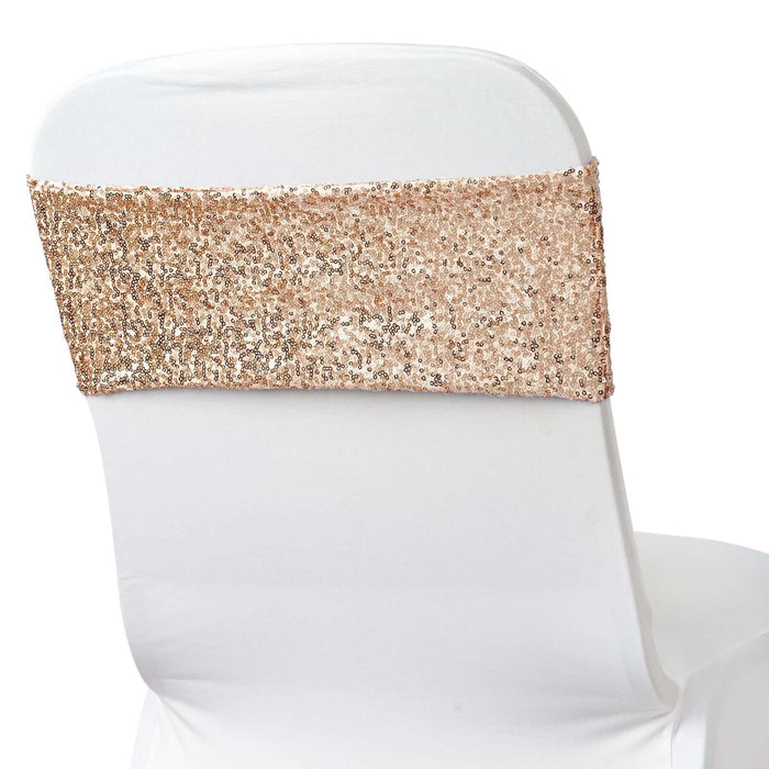 Rose gold sequin chair sash on a white chair cover