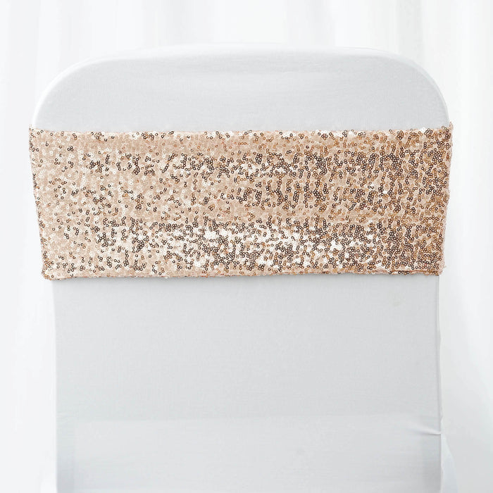 Rose gold sequin chair sash on a white chair