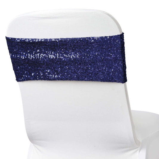 Navy sequin chair cover sash on a white chair