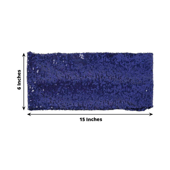 Blue sequin table runner measuring 15x6 inches on a white backdrop.