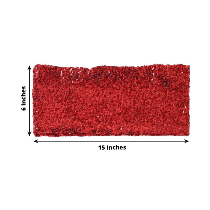 Red sequined table runner, 15 inches long and 6 inches wide.