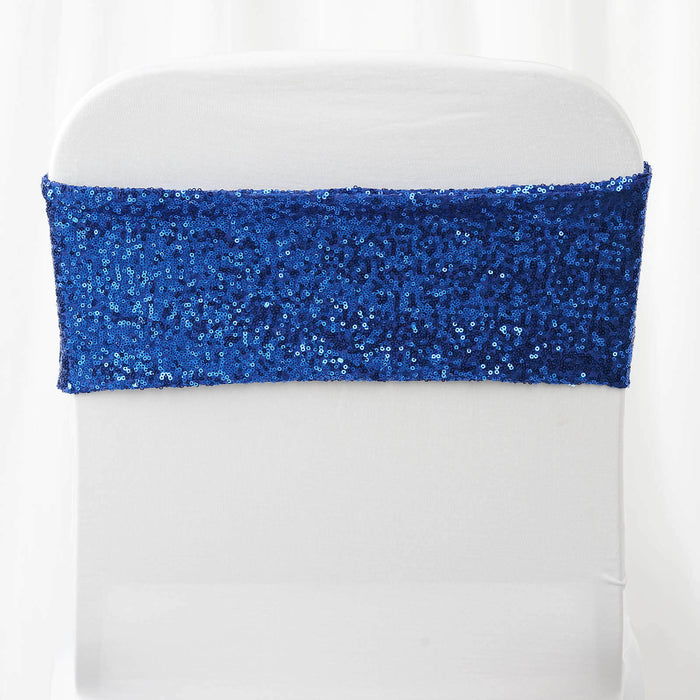 Blue sequin chair sash on a white chair.