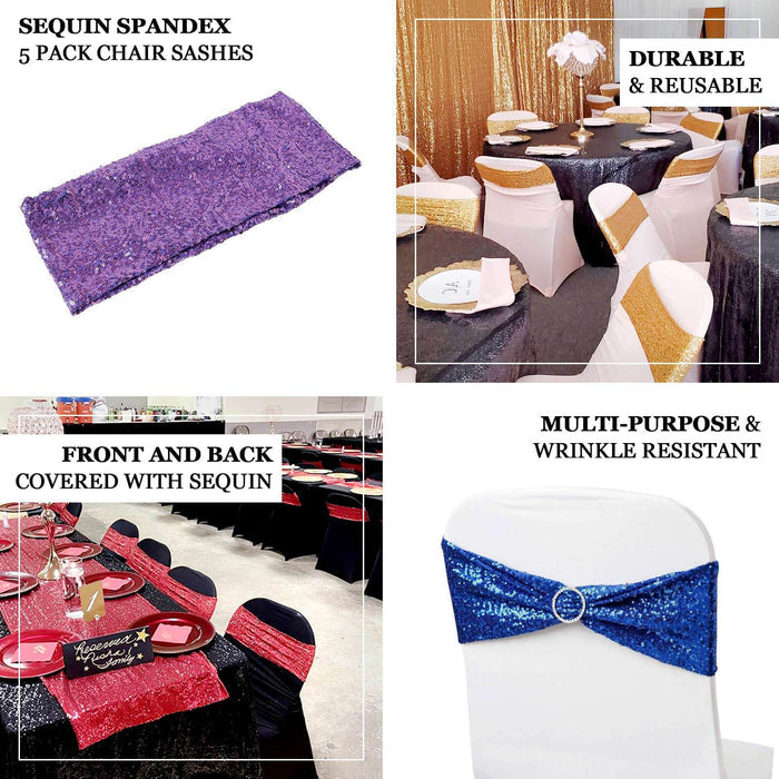 Sequin spandex chair sashes in purple, durable and reusable for events.