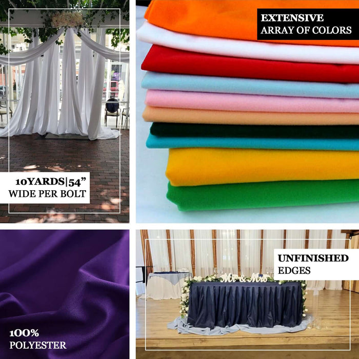 Polyester fabric in various colors, 10 yards long, 54 inches wide per bolt.