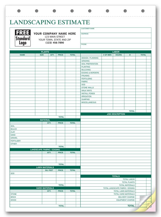 5Forms 6571 Landscape Bid Landscaping Estimate Form 8 1/2 x 11" QTY250
